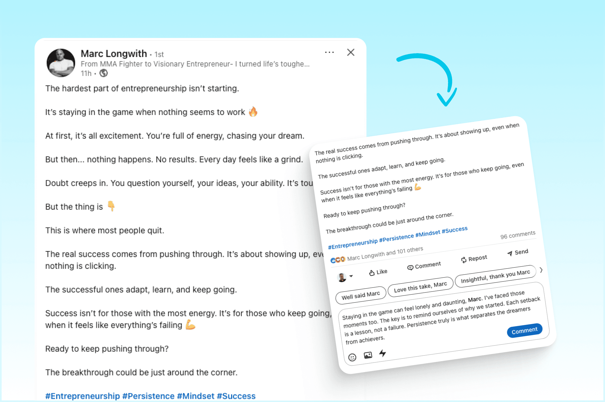 Screenshot showing Draftly Chrome Extension overlay with smart AI-generated comment suggestions on a LinkedIn post.